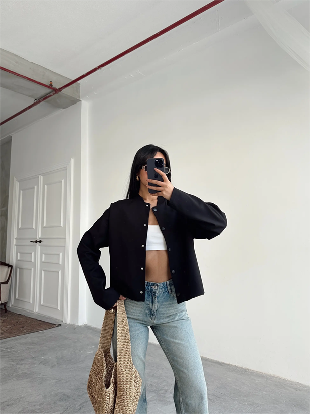 Yaka Ribana Cıt Cıt Detay Ceket Siyah - Siyah