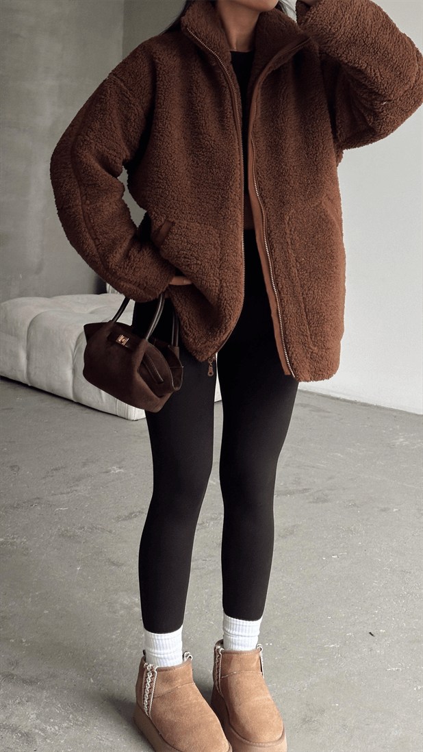 İç Astarlı Oversize Peluş Mont  - Kahverengi