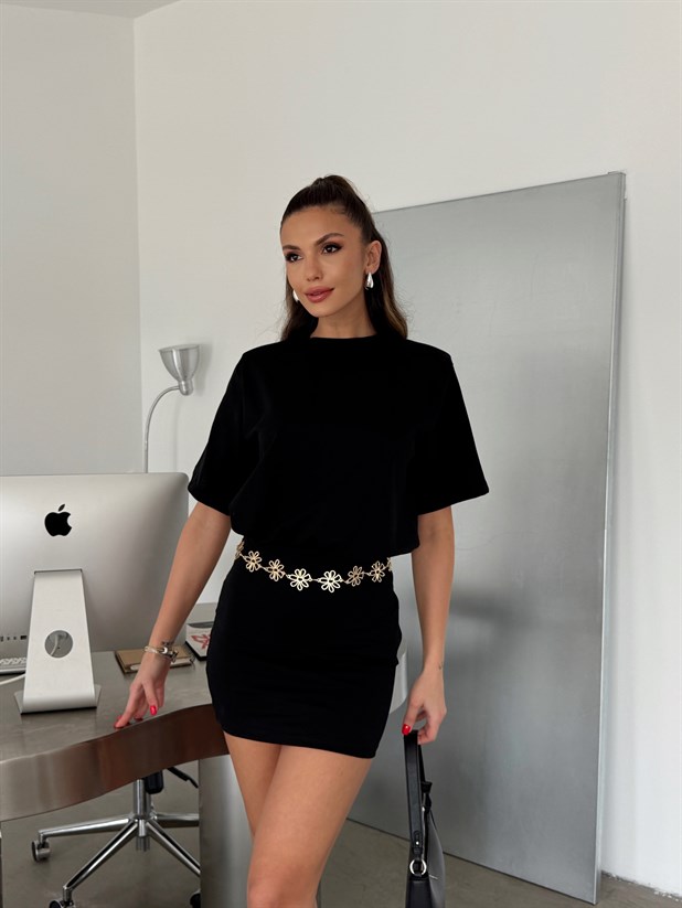 Pens Dikişli Vatkalı Elbise - Siyah