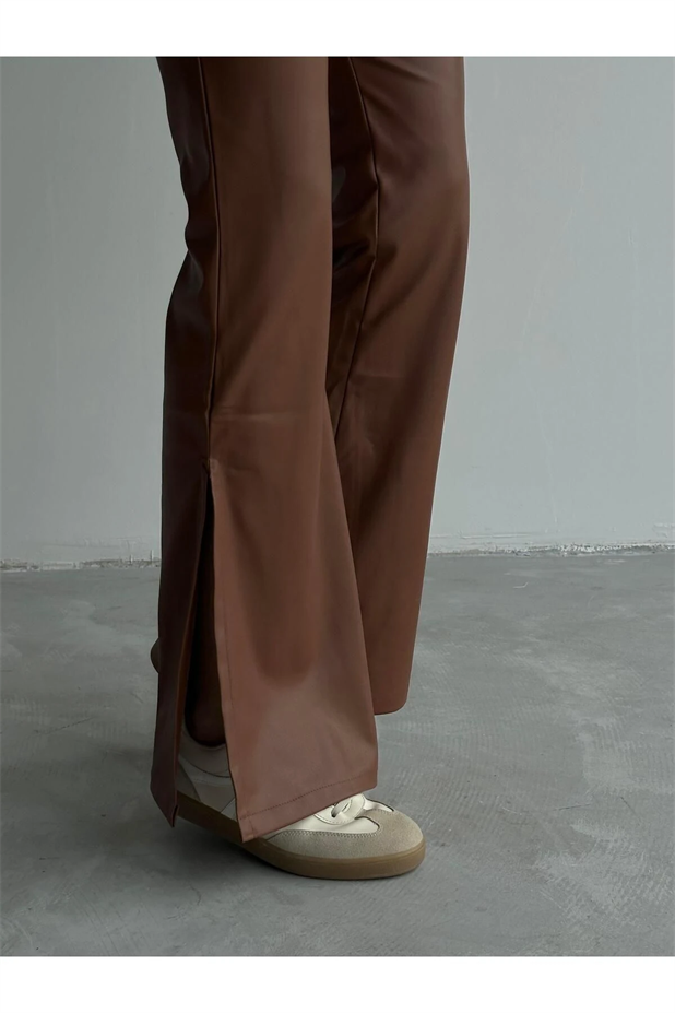 Yan Yırtmaç İspanyol Paça Deri Pantolon Taba - Taba