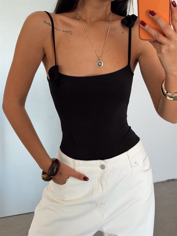 Gül Detaylı Bodysuit - Siyah