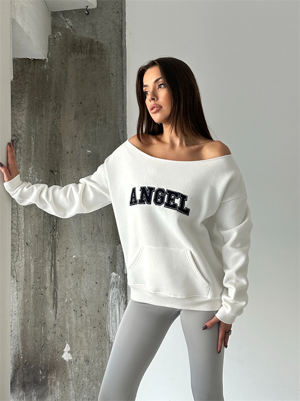 Angel Nakışlı Kayık Yaka Sweat - Beyaz