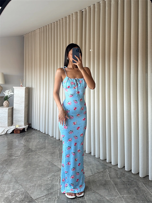 Çiçek Desen Maxi Elbise  - Bebe Mavi