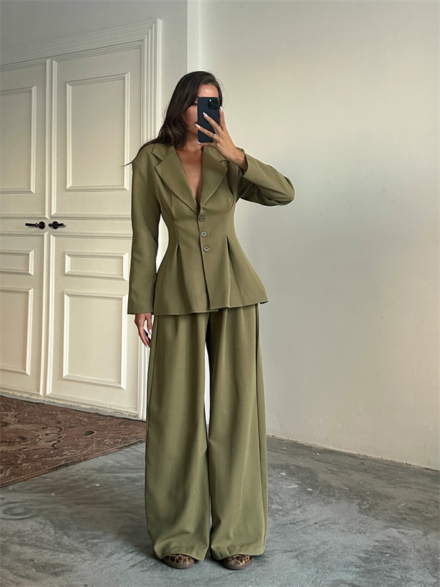 Pile Detay Oturtmalı Blazer Ceket  - Haki Yeşil