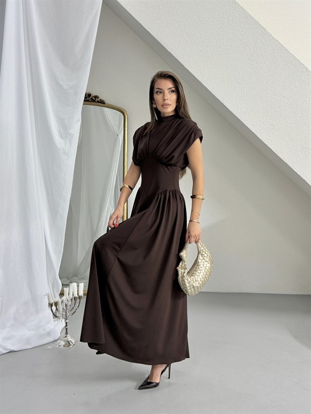 Korse Detaylı Drapeli Elbise - Kahve