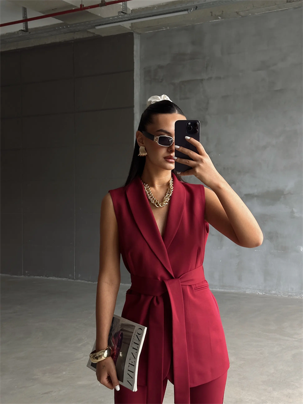 Bağlamalı Blazer Yelek  - Bordo