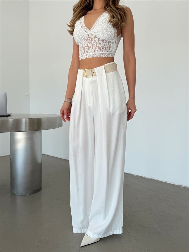 Geniş Kemerli Modal Pantolon - Beyaz