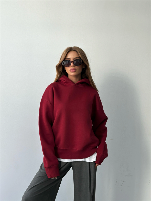 Kapüşonlu Sweatshırt Bordo - Bordo