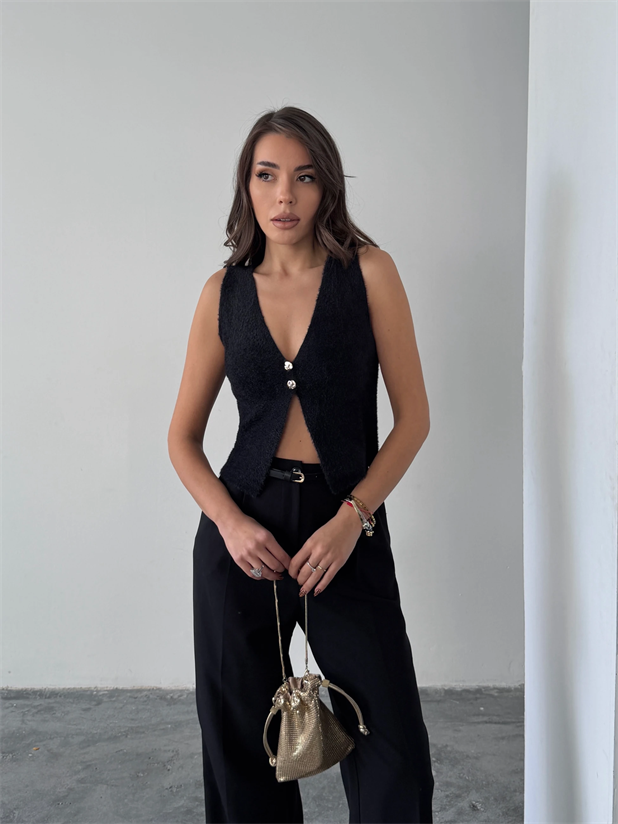 İki Düğmeli Yumoş Yelek - Siyah