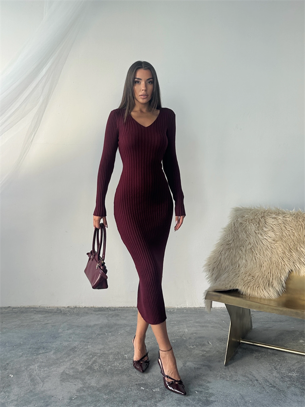 Bel Bağlama Triko Elbise - Bordo