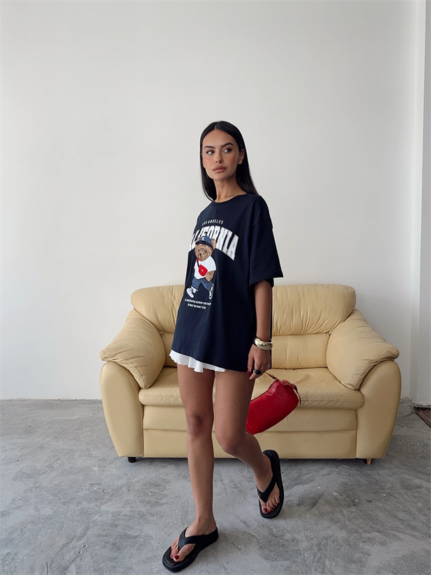 Oversize Bear Nakışlı T-shirt - Lacivert
