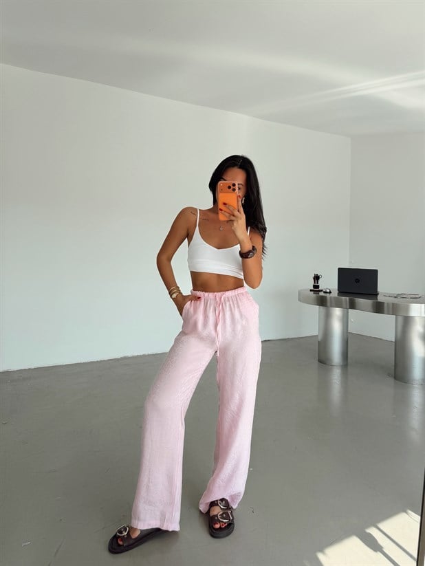 Desenli Parlak Keten Pantolon - Pembe