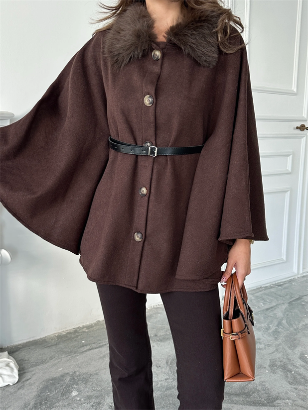 Yakası Kürklü Panço - Kahve