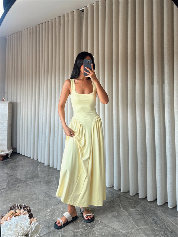 Korse Detaylı Midi Elbise - Sarı