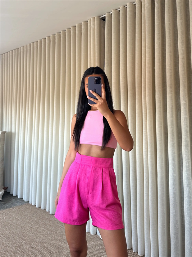 Cırtlı Keten Şort - Fuşya