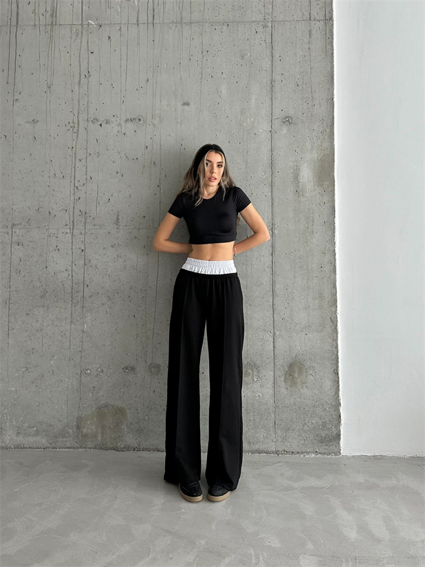 İzya Beli Lastikli Palazzo Eşofman Siyah - Siyah