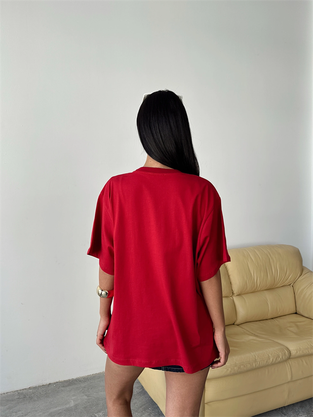 Oversize Bear Nakışlı T-shirt - Kırmızı