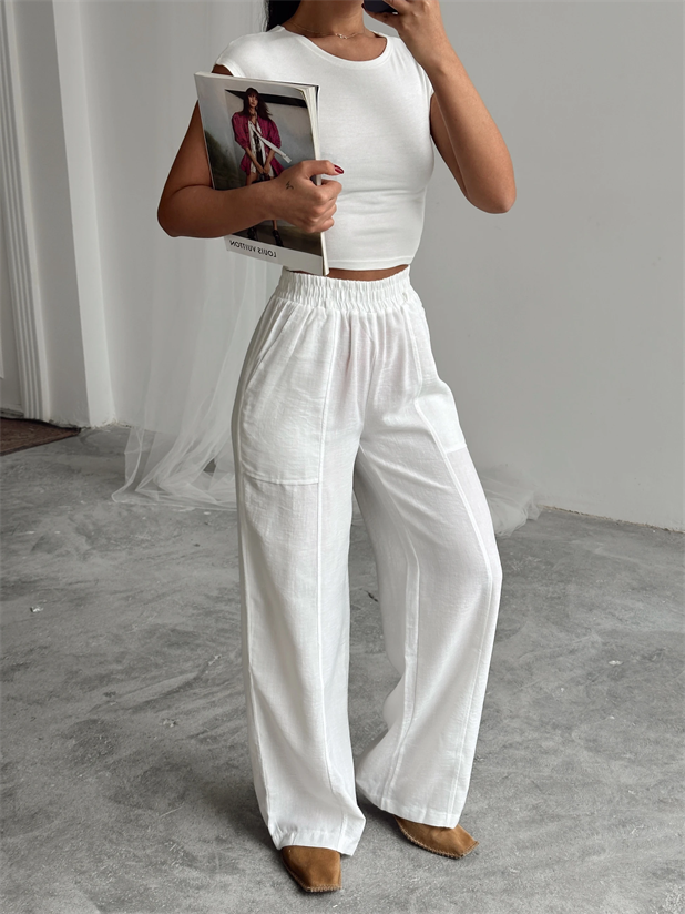 Belina Keten Bel Detay Pantolon Beyaz - Beyaz