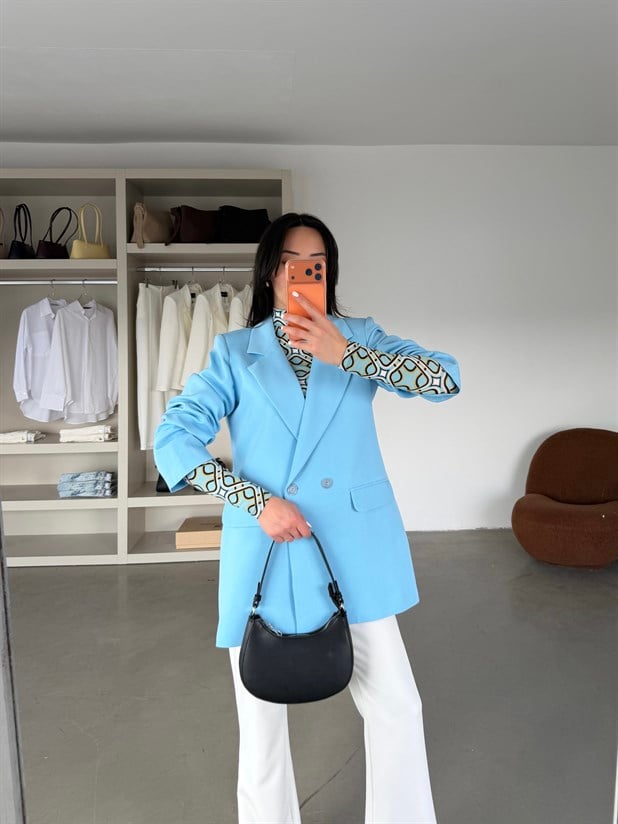 Çift Düğme Oversize Blazer  - Bebe Mavi