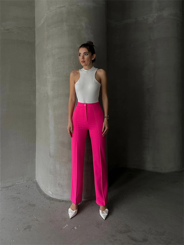 Ön Dikiş Boru Paça Kumaş Pantolon - Fuşya