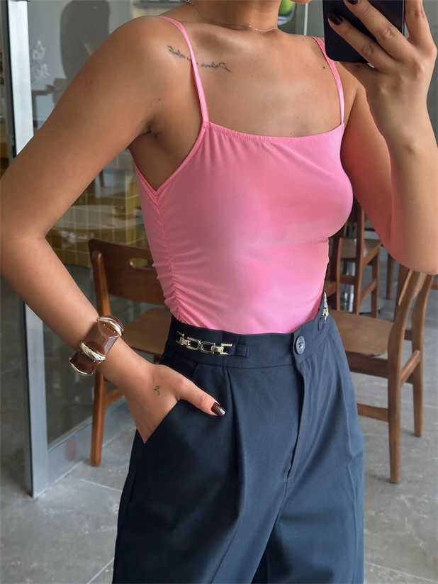 Yan Büzgülü Bodysuit Pembe - Pembe
