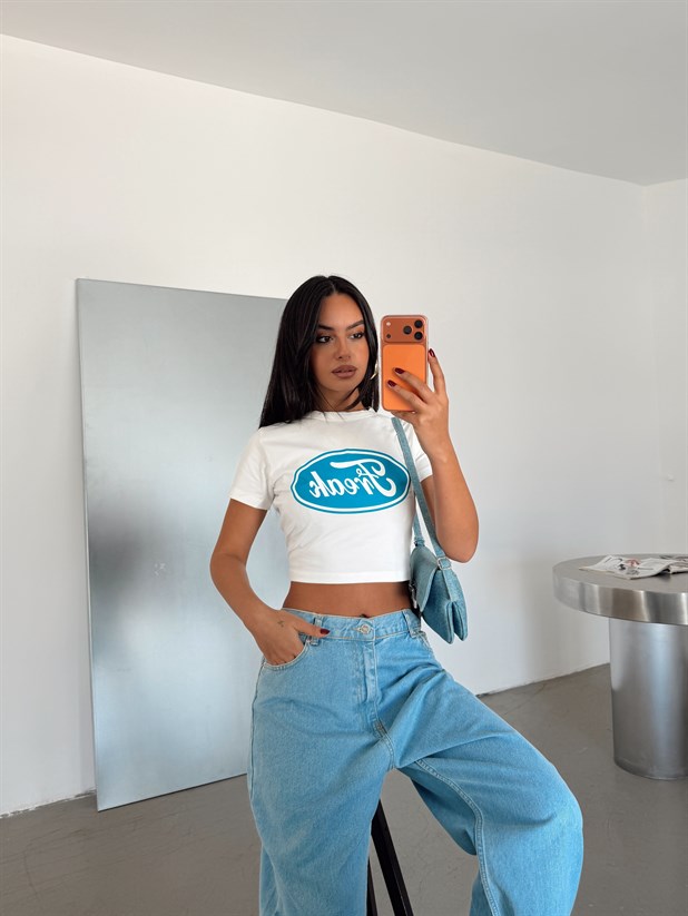 Freak Baskılı Crop Basic - Beyaz