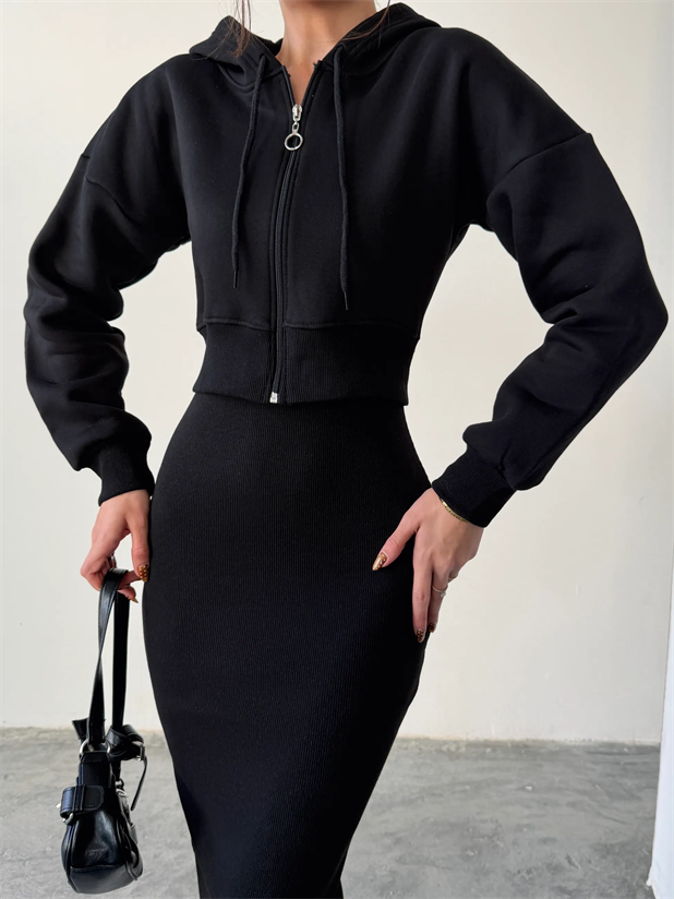 Fermuarlı Sweat Elbise Takım  - Siyah
