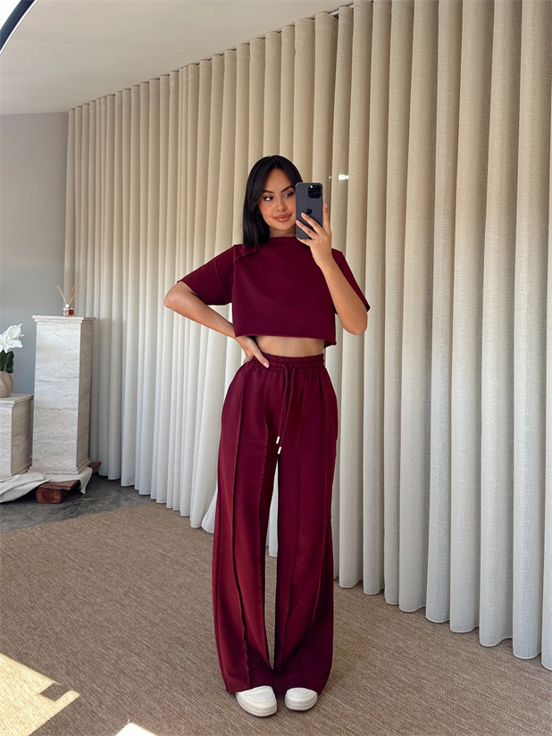 Ters Dikiş Detay Crop Takım - Bordo