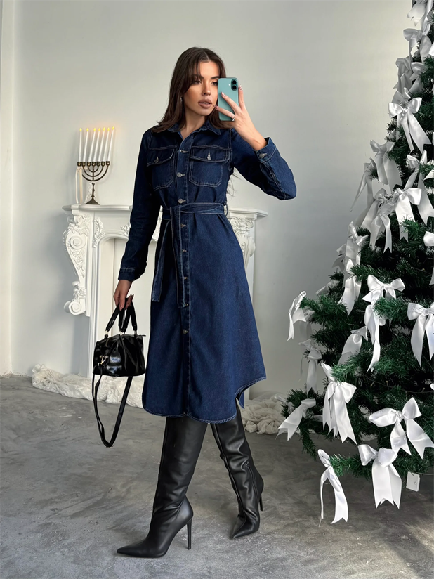 Kuşaklı Denim Elbise - Lacivert