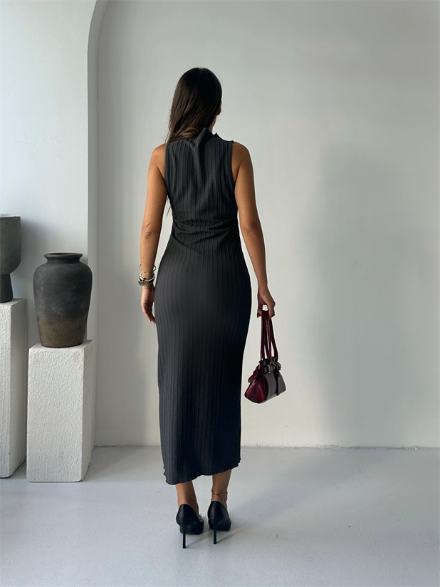 Kendinden Çizgili Sıfır Kol Elbise - Antrasit