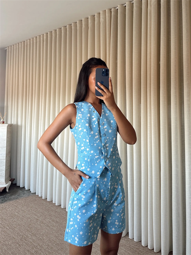 Desenli Şort-Yelek Takım  - Bebe Mavi