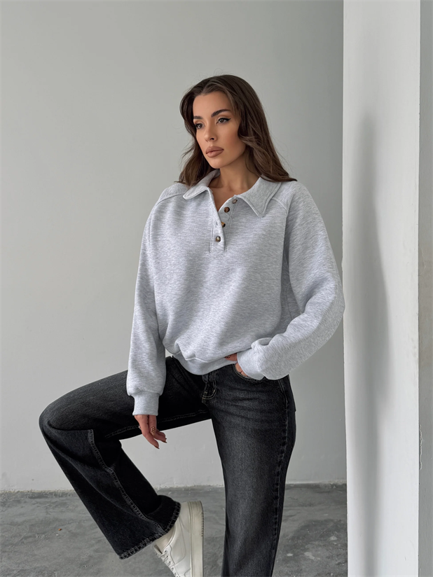 Polo Yaka Düğmeli Sweatshirt - Gri