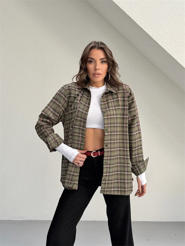 Kareli Oversize Gömlek - Haki