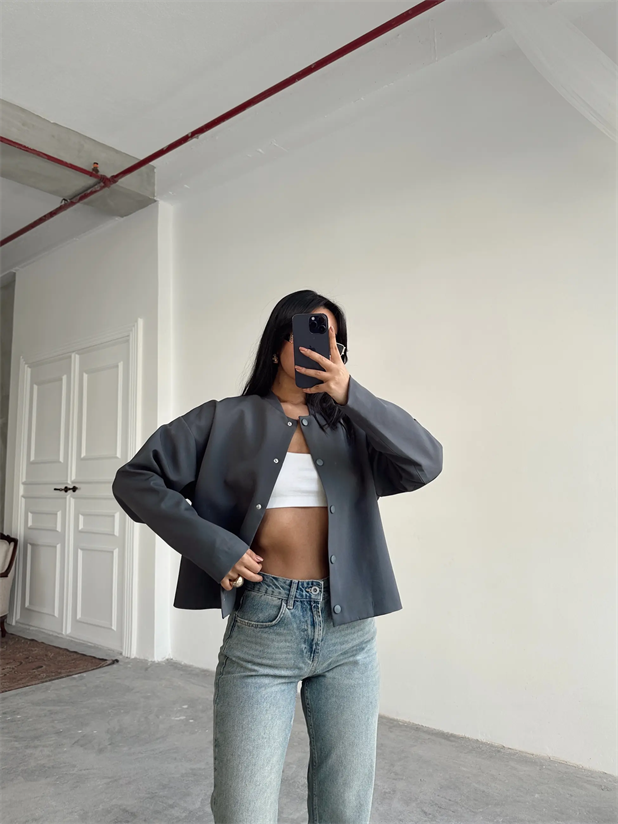 Yaka Ribana Cıt Cıt Detay Ceket Füme - Füme