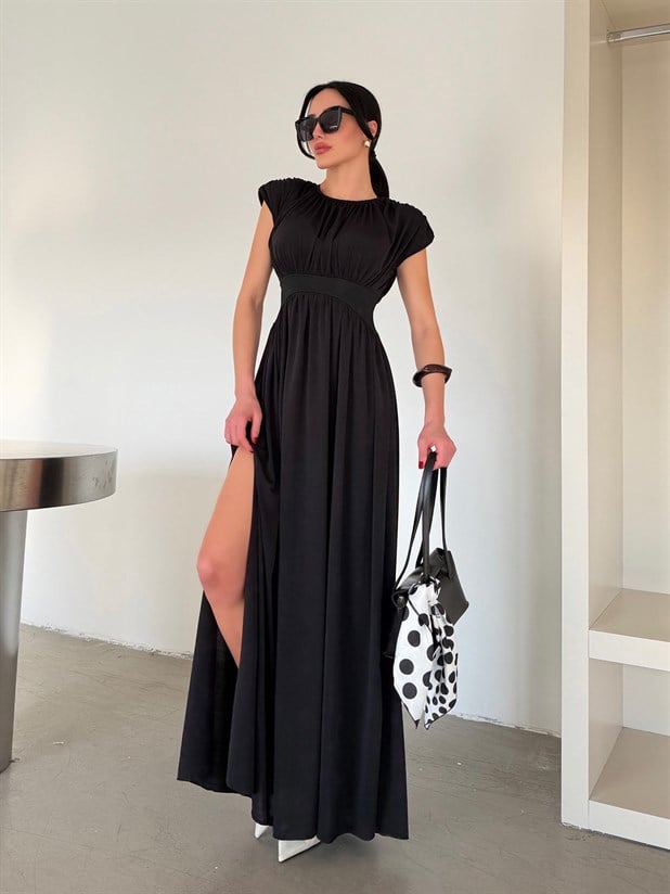 Dökümlü Sıfır Kol Elbise - Siyah