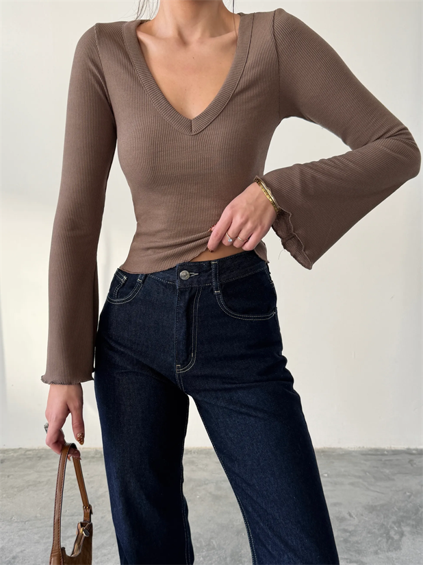 V Yaka İspanyol Kol Bluz - Kahve