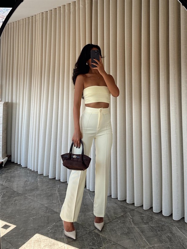 Ön Dikiş Boru Paça Kumaş Pantolon - Limon Sarısı