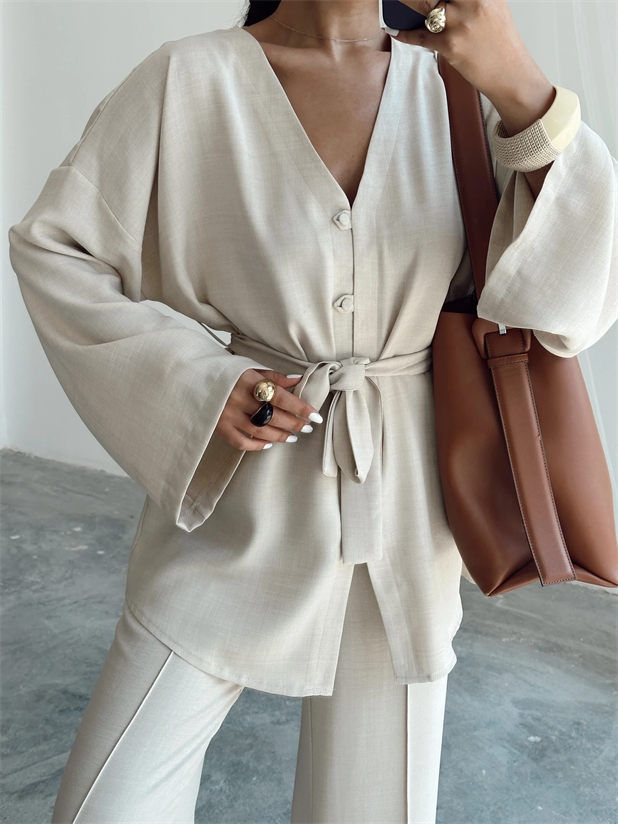 Düğme Detay Kuşaklı Kimono Takım - Krem