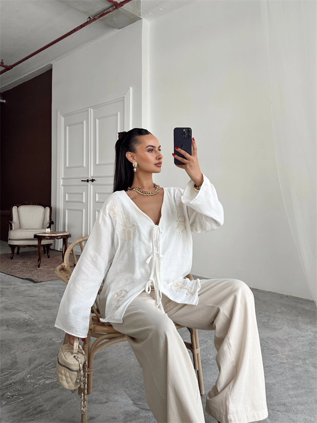 Nakışlı Kimono Takım  - Ekru
