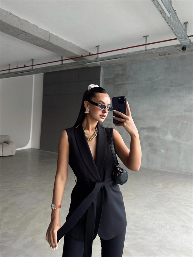 Bağlamalı Blazer Yelek  - Siyah