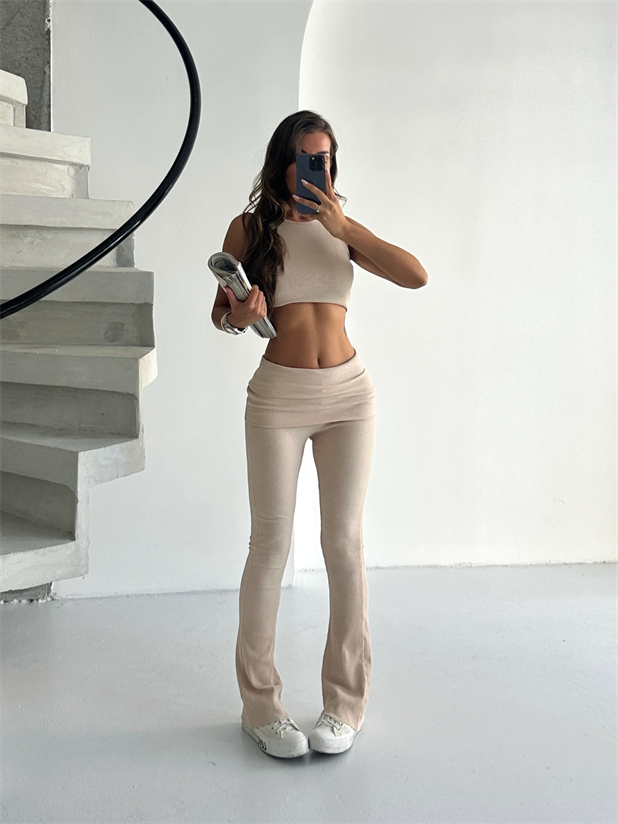 Bel Katlama Fitilli Tayt Pantolon - Bej