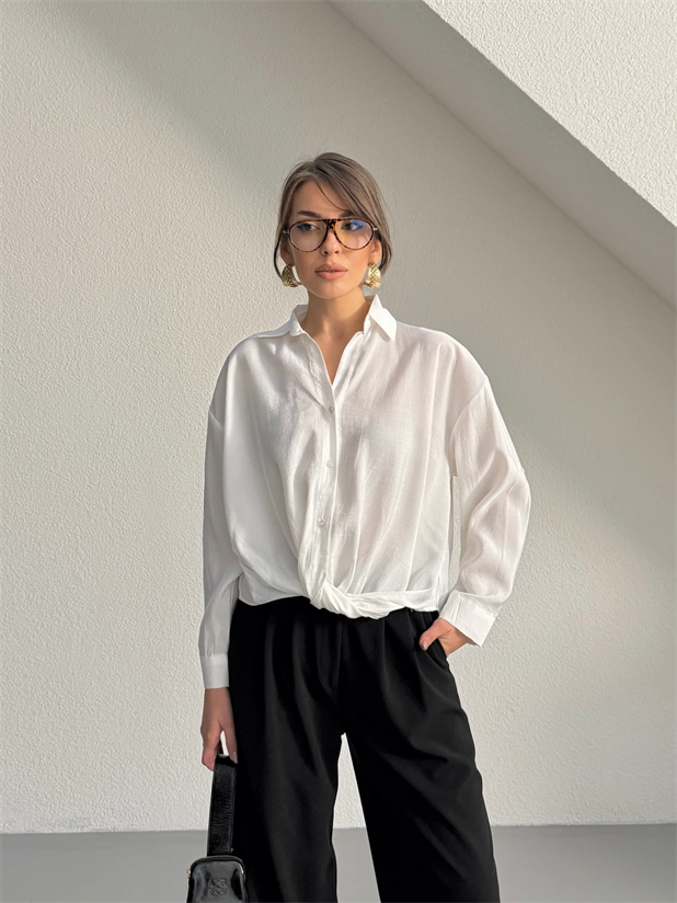 Önü Burgulu Modal Gömlek - Ekru