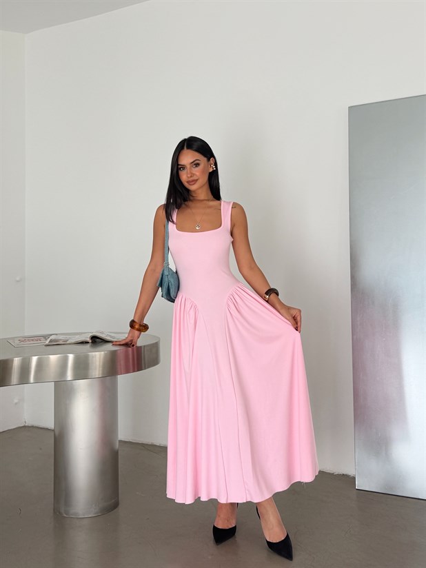 Korse Detaylı Midi Elbise - Pembe