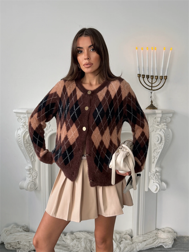 Baklava Desenli Yumoş Hırka - Kahve