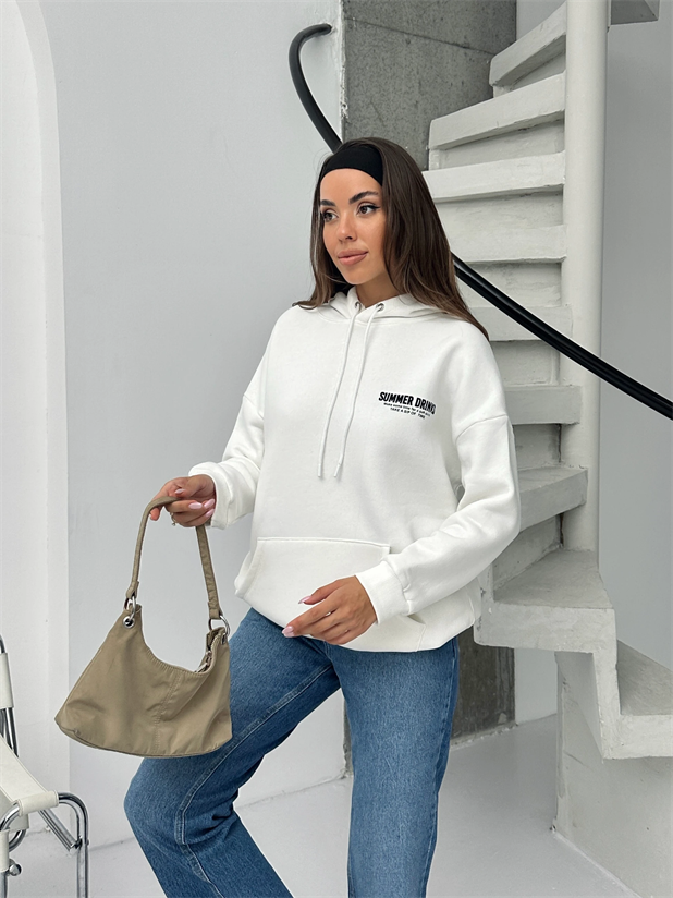 Baskılı Kapüşonlu Oversize Sweat - Beyaz