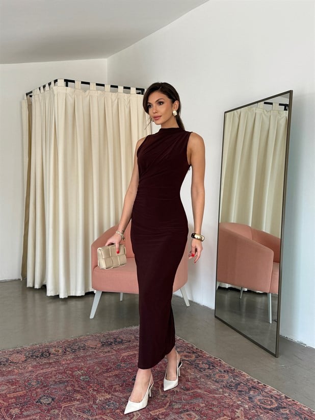 Yırtmaçlı Drape Detaylı Elbise - Kahve