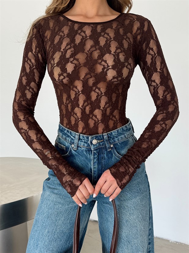 Bisiklet Yaka Likralı Dantel Bluz - Kahve