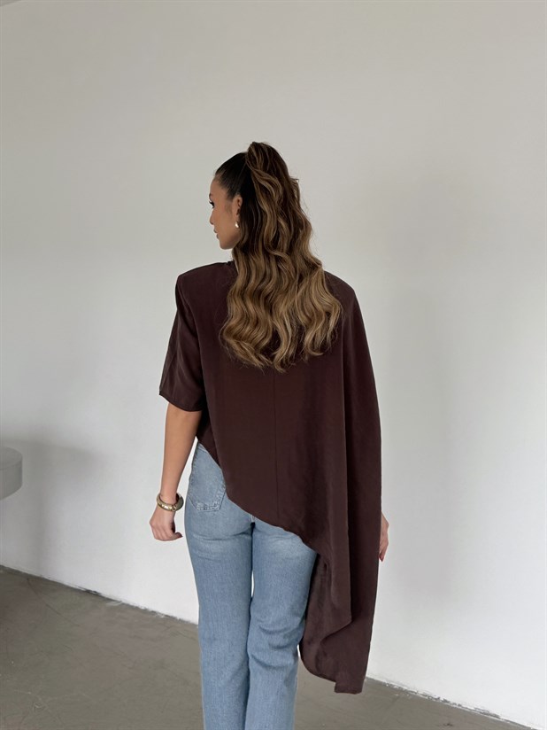 Vatkalı Asimetrik Bluz - Kahve