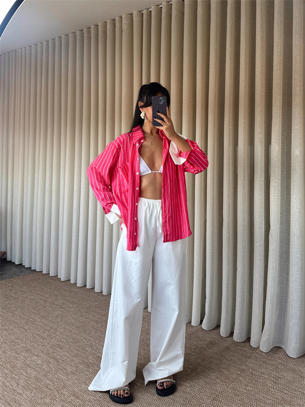 Çizgili Gömlekli Takım - Pembe