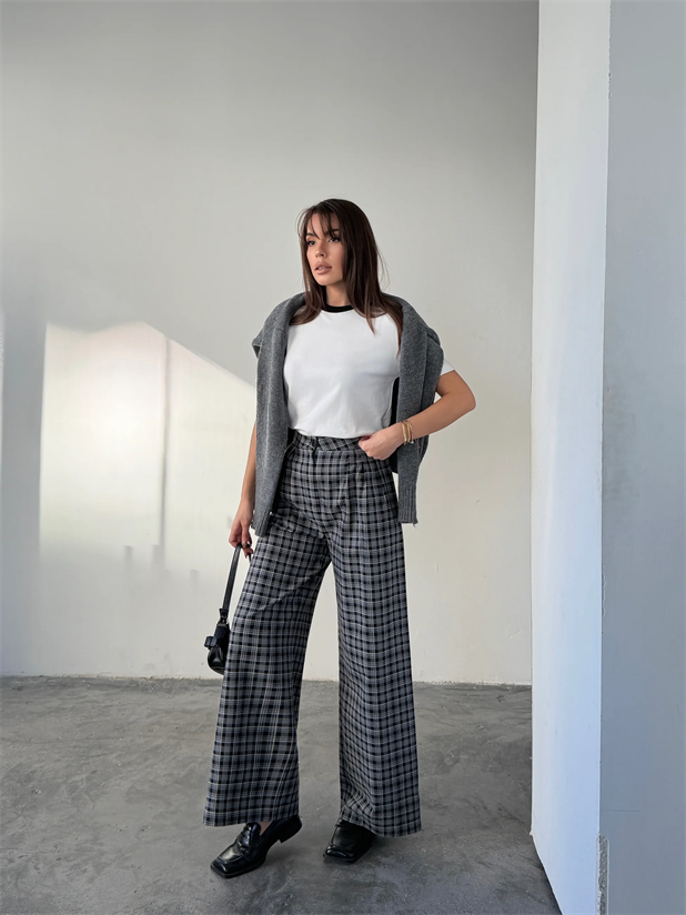 Ekose Üç Pile Palazzo Pantolon  - Siyah